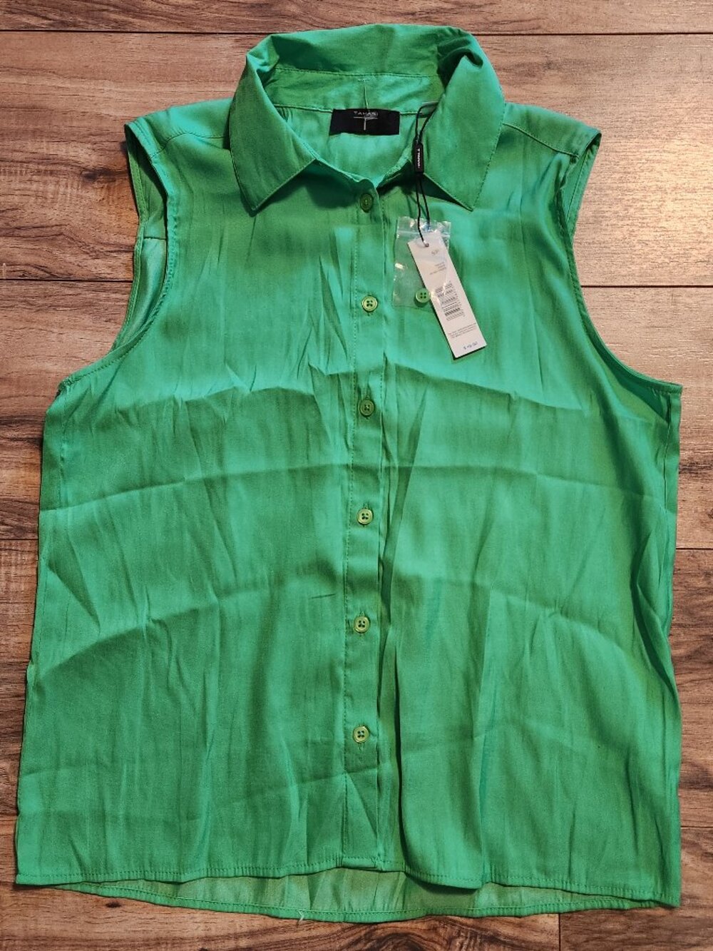 NWT Tahari Womens Large Green Sleeveless Button Collared Top
